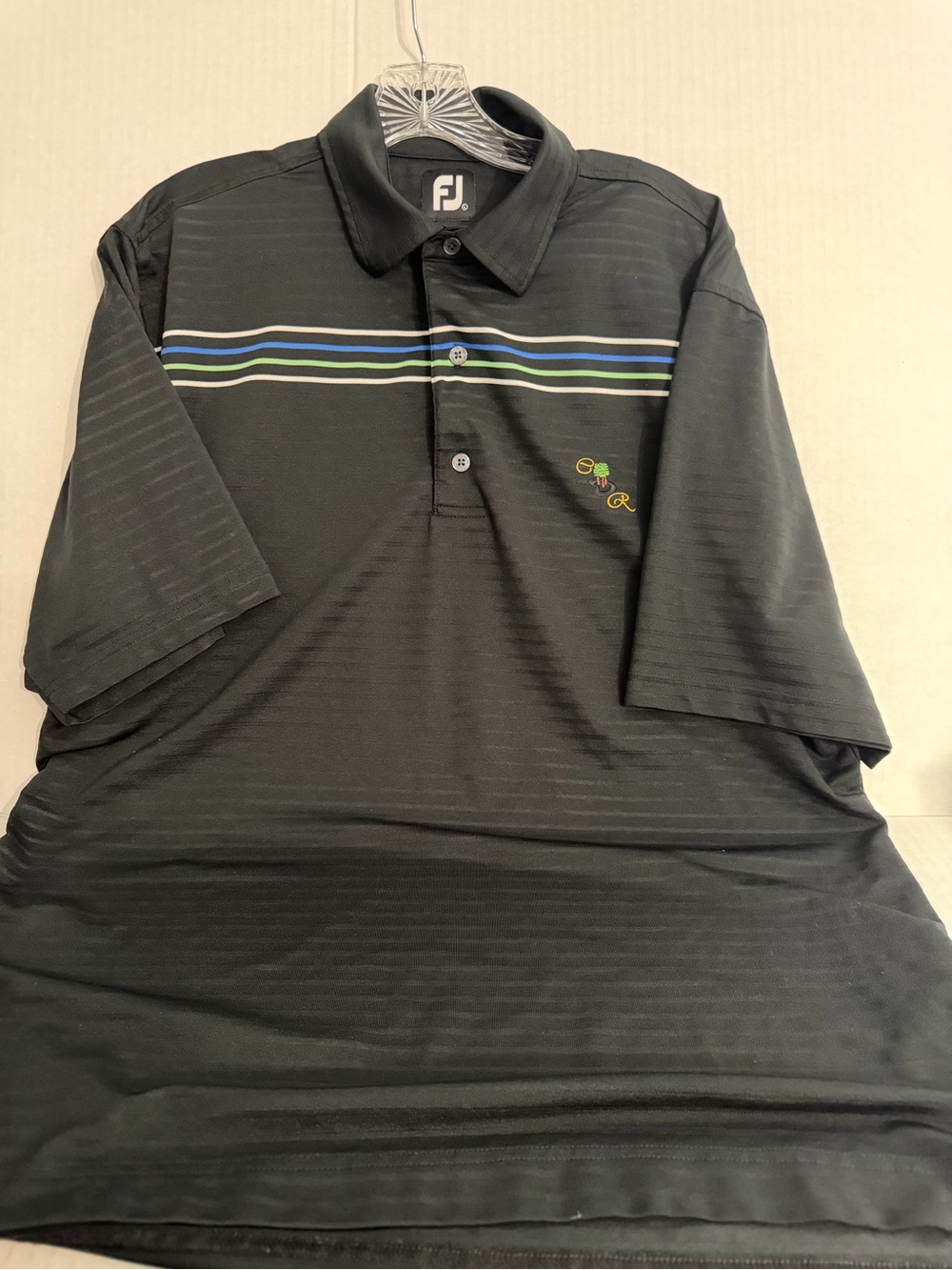 FootJoy Black Polo with Blue, Green & White Chest Stripes